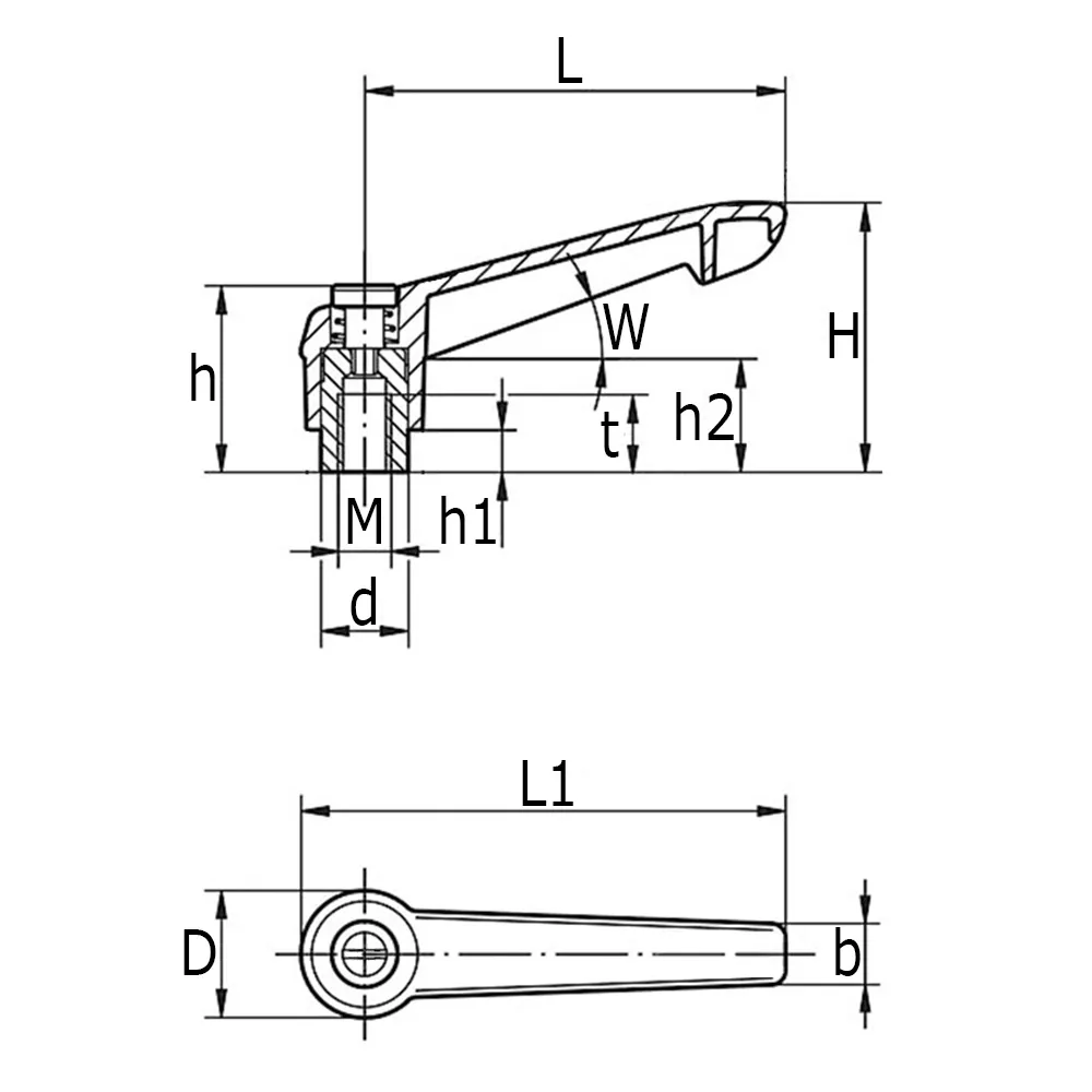 Klemhefboom 65 x 18/23 M8 inwendige draad zwart PA verstelbare handgreep